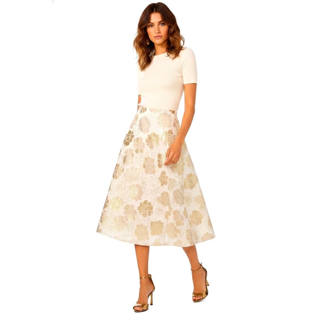 Vince Camuto Midi Skirt Lined Gold Floral Flirty NWT XL Lined Wedding Fairy